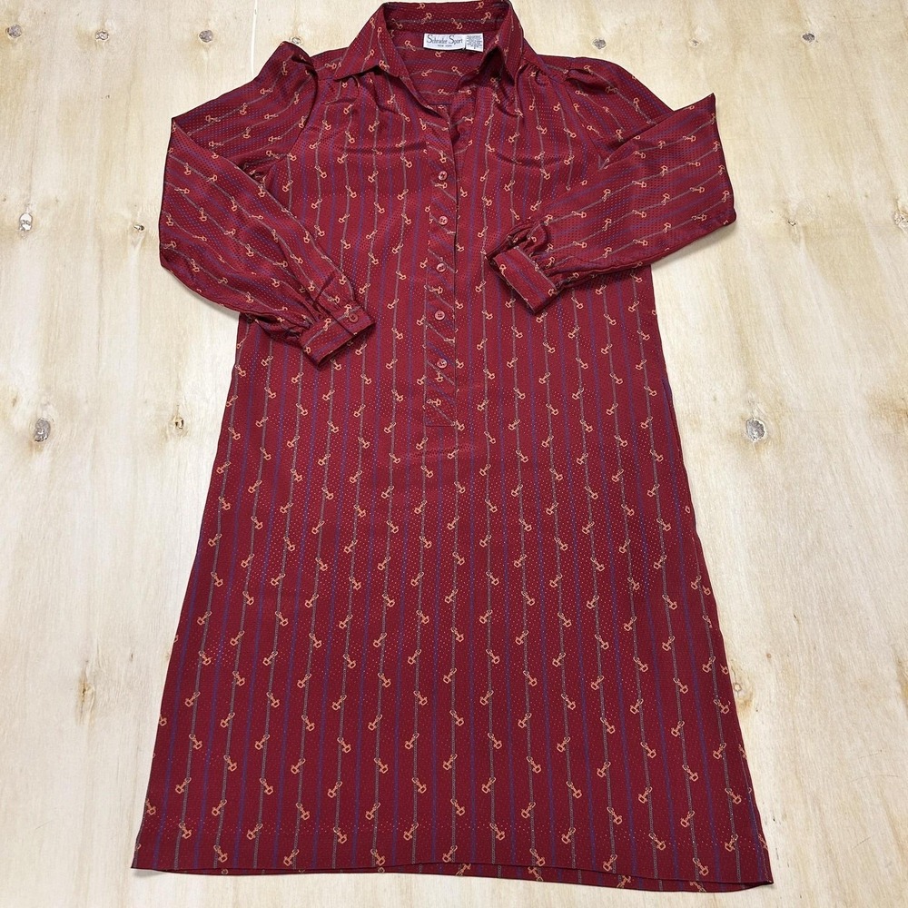 Vintage Schrader Sport Dress Womens 8 Red Stripe Equestrian Collared Shirt